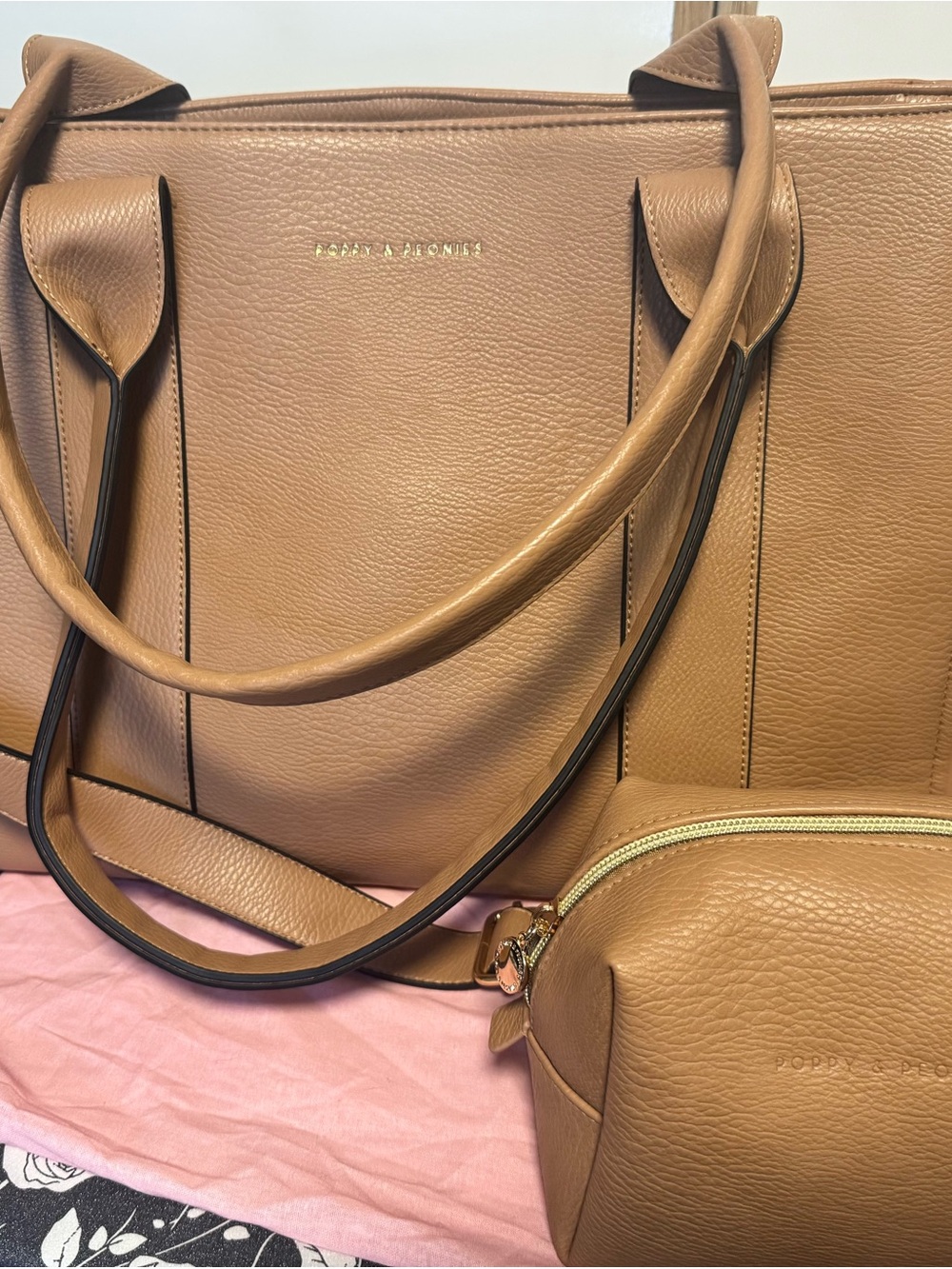 Poppy & Peonies Tan Pebbled Leather Tote with Matching Cosmetic Pouch